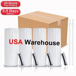 US Local Warehouse 20oz Sublimatie tuimelaars recht blanks wit 304 roestvrij staal Vacuüm geïsoleerd taps toelopend Slim DIY Cups Auto koffiemokken met rieten deksel tt1220