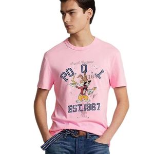 US Men's Plus Tees R Designer Camiseta estampada para hombre con oso de dibujos animados, cuello redondo y algodón de gama alta para ropa informal de verano