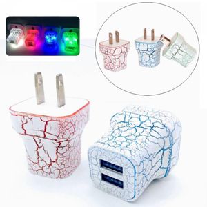 US Plug LED double USB chargeur mural Crack Style couleur lumière rougeoyante UP 5V 2.1A voyage maison charge rapide adaptateur secteur