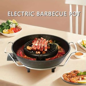 US Plug Multi Functional Household 2-in-1-elektrische oven en pot, multifunctionele teppanyaki barbecuepan Twist temperatuurregeling minder hete potgrill met niet-