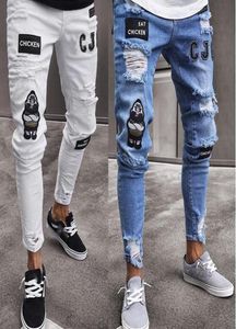 Nous populaires manger poulet bleu blanc homme skinny crayon jeans punk streetwear hiphop slim ombire trou de trou de trou des hommes long pantalon8884877