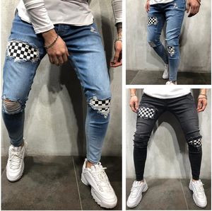 US Popular Hole Ripped Camouflage Hommes Pantalon Men's Stretch's Stretch Skinny Zipper Patchwork Borken Long Pantalon