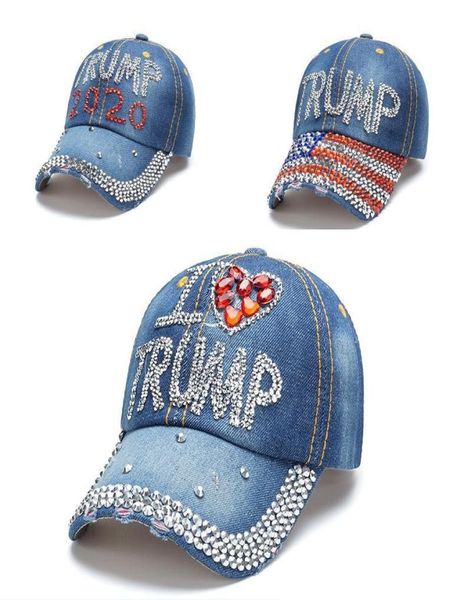 Elección del presidente de EE. UU. 2020 Sombrero de Donald Trump 3 estilos Gorras de presidente de mezclilla con diamantes Sombreros de béisbol Snapback ajustable para mujeres al aire libre 4621430