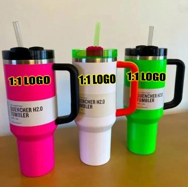 US Ship 1: 1 Logo néon rose électrique 40oz gobelers jaunes Orange Neon Green extincteur H2.0 tasses avec couvercle de poignée en silicone et paille Rose Black Car Mugs G0417