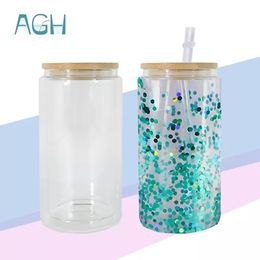 US Ship 16oz dubbelwandige sneeuwbol glazen bekers met bamboe deksel voorgeboord gat Plugger korte sublimatieglazen cola bier kan koeler vullen glitter blingbling