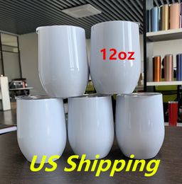 Expédition américaine!Sautes à vin de 12oz sublimation blanches blancs en acier inoxydable bouteilles d'eau double mur à double mur à boire des tasses de lait A12