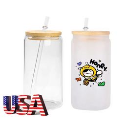 US VOORRAAD 16 oz Sublimatie Glas Bier Mokken met Bamboe Deksel Stro Tumblers DIY Blanks Frosted Clear Can Cups Warmteoverdracht Cocktail Iced Coffee Whiskey tt0208