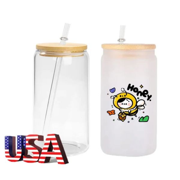 US STOCK 16 oz Sublimation Verre Chopes à Bière avec Couvercle en Bambou Gobelets en Paille DIY Blancs Givrés Transparents Peut Tasses Transfert de Chaleur Cocktail Café Glacé Whisky