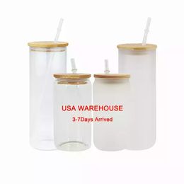 STOCK de EE. UU. Tazas de sublimación de 16 oz, vaso transparente con forma de lata, botella de agua potable con pajita ss1119