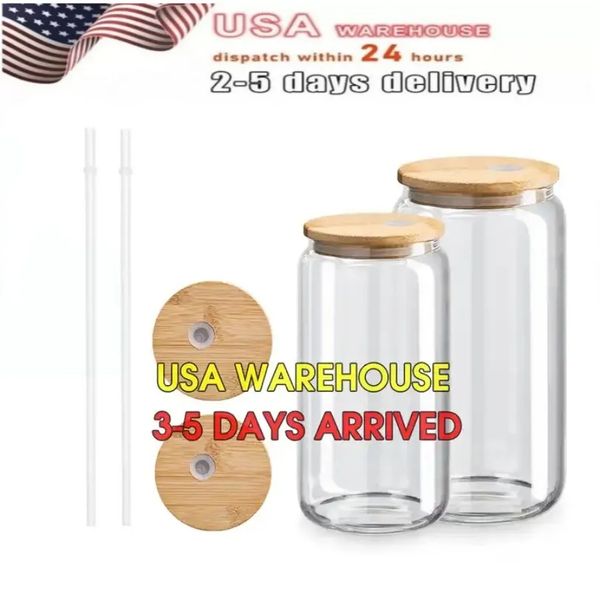 US STOCK 16 oz Tazas de vidrio Sublimación en blanco Impresión de bricolaje Clear Frosted Coffee Tea Mason Jar Tazas Botella de agua Vasos