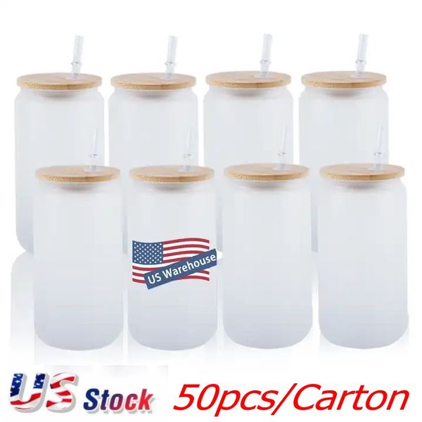 US STOCK 16 oz Sublimation Verre Chopes À Bière avec Couvercle En Bambou Gobelets De Paille DIY Blancs Givrés Transparents Peut Tasses Transfert De Chaleur Cocktail Café Glacé Whisky bb0209