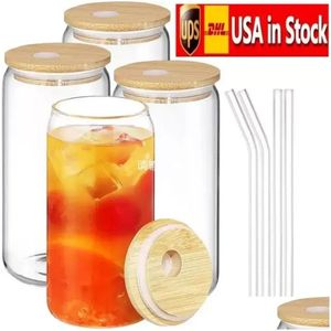 Ons Voorraad 16Oz Sublimatie Glazen Kan Glazen Bier Tumbler Frosted Drinken Met Bamboe Deksel En Herbruikbare St 0427 Drop Delivery Dhpzu