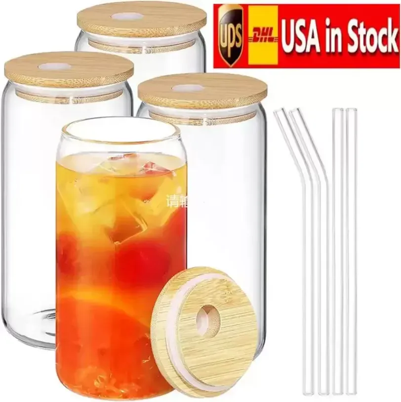 US CA STOCK 16oz Sublimation Glass Can Glasses Beer Glass Tumbler Frosted Drinking with Bamboo Lid and Reusable Straw Canada Stock 5118