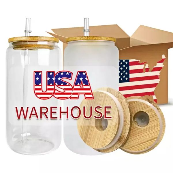 Stock de EE. UU. 16 oz Tazas de vidrio de sublimación en blanco con tapa de bambú de cerveza esmerilado lata de lata de nieve globo de nieve jarra de masón paja de plástico