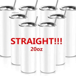 Stock estadounidense 20 oz tumblers rectos botellas sublimación en blanco taza de taza delgada con tapa de tapa y tazas de cerveza de paja de plástico 0422