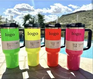 Neon roze 40oz waterfles mok tuimelaars met handvat geïsoleerde tuimelaars deksels stro roestvrijstalen koffie termoS cup dhl schip zwart roze rode cups