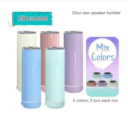 Stock de EE. UU. 20OZ Sublimación Macaron altavoz Bluetooth Vumpler Sublimación delgada Tumbler recto Copas de música inteligente de música inteligente de acero inoxidable botella de agua inteligente