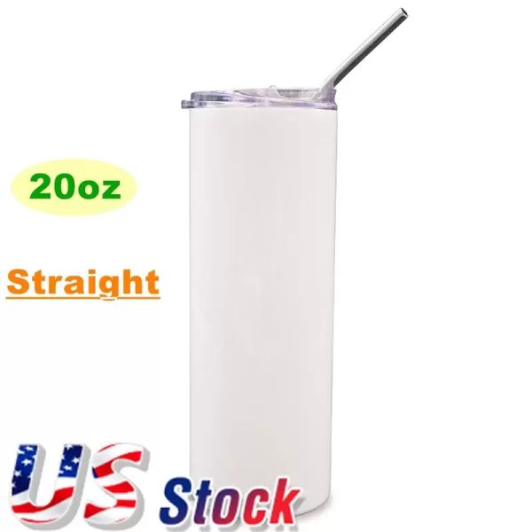 Stock de EE. UU. Taza de sublimación de 20 oz, vasos rectos en blanco, blanco, acero inoxidable 304, aislado al vacío, taza delgada DIY, tazas de café para coche