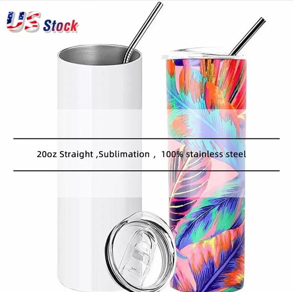 Tasses de sublimation de 20 oz gobelets droits avec paille 100% 304 bouteilles d'eau en acier inoxydable tasses à double isolation blanc