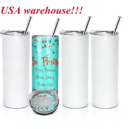 US stock 20oz taps toelopende en rechte sublimatietumbler 20oz roestvrij staal blanco hoge cilinder waterfles met metalen stro -deksels 50 stks/doos