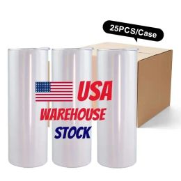 US Stock 25pc/Box 20oz spaties Witte sublimatiemokken Waterfles Drinkware Roestvrijstalen tuimelaars met plastic stro en deksel nieuw