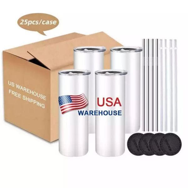 US Stock 25pc / Carton en acier inoxydable Gipleurs isolés 20 oz Blanks Blanks White Tasses avec couvercle de la paille de paille Mugs de sublimation 1124