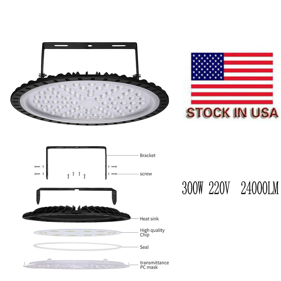 US Stock 300W 2230V UFO Ultra Slim Led High Bay Light6000K 24000LM IP65 LED Ljus Effektiv Flood Light Aluminium Mining Highbay Lamp