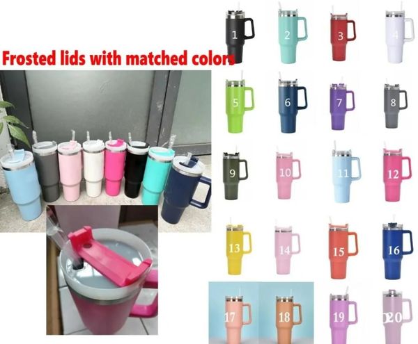 Stock de EE. UU. 40oz tazas de color rosa fuerte tazas de acero inoxidable tazas manejan pajitas de pajitas de pajitas de agua de cerveza para acampar al aire libre con tapas claras/heladas del mismo logotipo