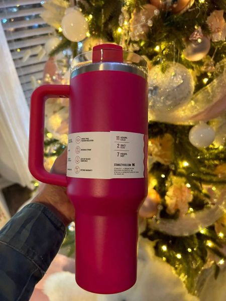 US STOCK 40oz Quencher Tumblers Rose Cosmo Parada Flamingo Tasses en acier inoxydable pour la Saint-Valentin avec poignée en silicone Couvercle et paille Tasses de voiture de 2e génération 015