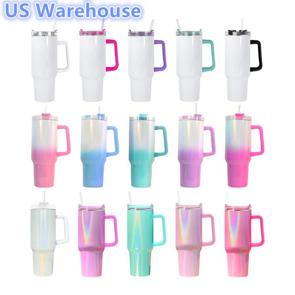 US Stock 40 oz Sublimation Glitter Tumbler avec poignée Shimmer Tumbler Acier inoxydable grande capacité Chope à bière Tasse de voyage isolée Tasse à café de voyage pour bricolage