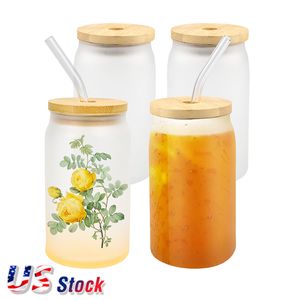 US Stock 50pcs / ctm 16 oz Sublimation Verre Dépoli Mug Blancs Bière Can Coke Can Verres Tasses avec Couvercle En Bambou et Paille En Plastique En Gros tt0530