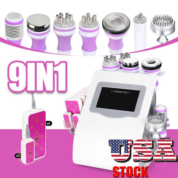 Stock de EE. UU. 9 en 1 Terapia de cavitación ultrasónica RF Fotón de vacío Led Láser Cuerpo Adelgazante Quema de grasa Eliminación de arrugas Máquina de belleza