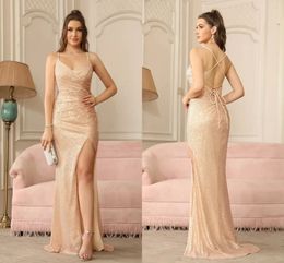 US Stock BABYONLINE Gold Sequins Bridesmaid Formal Prom Evening Gowns Thigh-High Split Strappy Lace-Up On Open Back Long Train Party Dress Cps1999 0515