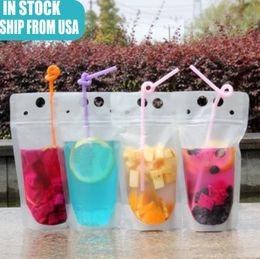 VS Stock Helder Drink Pouches Tassen Frosted Rits Stand-Up Plastic Drinktas met Stro Met Houder Reclosable Heat-Proof