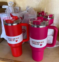 Amerikaanse voorraad Cosmo Pink Tumblers Target Red Parade Flamingo Cups H2.0 40 oz beker met handvat strokoffie Waterflessen met X Copy met LOGO 40 oz Valentijnsdagcadeau 0105