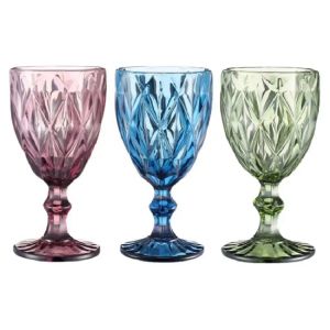 Copas de vino de 10 oz Copa de vidrio de color con tallo 300 ml Patrón vintage en relieve Vasos románticos para fiesta Boda FY5509 0616