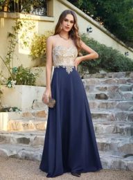 Stock estadounidense elegante dama de honor Illusion Sweetheart Gold Appqulies Backless Wedding Farty Gown A Line Falda Formal CPS620 0515