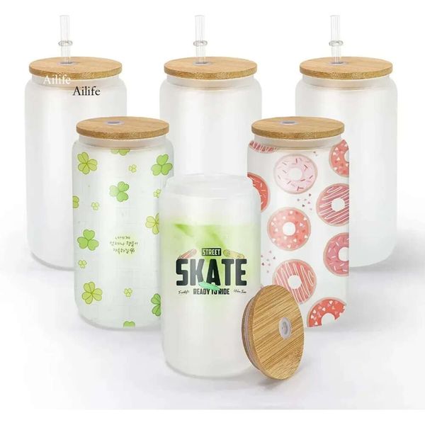 US Stock Frosted Clear 16oz Sublimation en verre de bière de bière bambou couvercle réutilisable Paille gobelers diy canettes tails glacé tasses whisky verres de whissais mousons Mason 0514