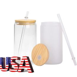 USA/CA Voorraad Lokale Magazijn 16oz Mokken Dubbelwandige Sublimatie Glas Bier Kan Vormige Kopjes Tumbler Drinken bier Met Bamboe Deksel 1121