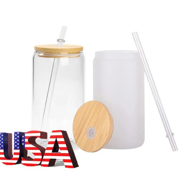 US Stock Local Entrepôt 16oz Tasses Double Paroi En Verre De Sublimation Canette De Bière En Forme De Tasses Tumbler Boire De La Bière Avec Couvercle En Bambou ss1215