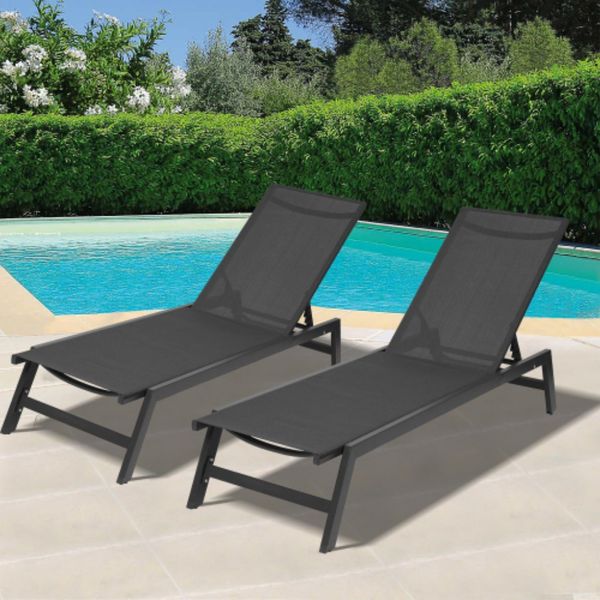 US STOCK Lot de 2 chaises longues d'extérieur, bancs de terrasse inclinables en aluminium réglables à cinq positions, tous temps pour terrasse, plage, cour, piscine (cadre gris/tissu noir)