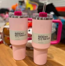 US STOCK ROZE Flamingo 40oz Quencher H2.0 Mokken Cups camping reizen Auto cup RVS Tumblers Cups met siliconen handvat Valentijnsdag geschenk met hetzelfde logo 1212