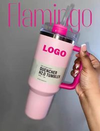 Amerikaanse voorraad Pink Flamingo Tumbler Quencher H2.0 1:1 kopie met logo 40oz roestvrijstalen bekers handvat deksel en rietje 2e generatie automokken waterflessen 1204