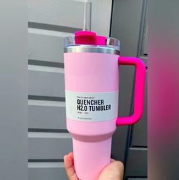 Amerikaanse voorraad Pink Flamingo Tumbler Quencher H2.0 1:1 kopie met logo 40oz roestvrijstalen bekers handvat deksel en rietje 2e generatie automokken waterflessen 1118