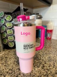 US Stock Pink Flamingo Tumbler Blusmiddel H2.0 Replica 40oz roestvrijstalen bekerhandvat, deksel en rietje Tweede generatie autobeker waterfles G1205