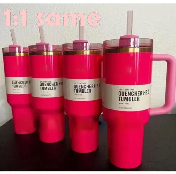 Stock de EE. UU. PINK Parade 40 oz Quencher H2.0 Tazas Tazas Viajes para acampar Taza para automóvil Vasos de acero inoxidable Tazas con mango de silicona Regalo del día de San Valentín con el mismo logotipo 1: 1 u0120