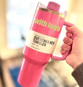 US STOCK Pink Parade Cosmo Pink avec gobelets en acier inoxydable 1: 1 H2.0 40 oz avec poignée en silicone, couvercle et paille, tasses de voiture de voyage, continuez à boire des bouteilles d'eau froide