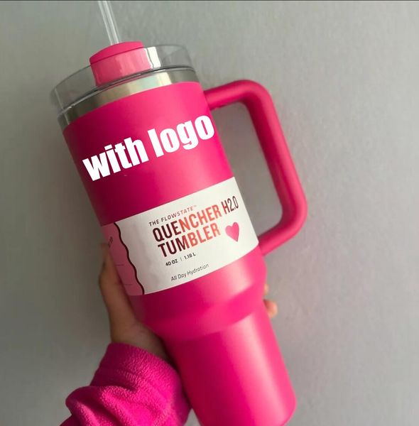 US STOCK Pink Parade Cosmo Pink avec 11 gobelets en acier inoxydable H20 40oz avec poignée en silicone, couvercle et paille, tasses de voiture de voyage, continuez à boire des bouteilles d'eau froide, meilleur q