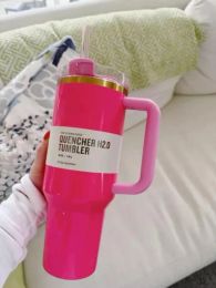 US STOCK rose Parade gobelet trempe 40 oz voiture tasse bouteille d'eau avec poignée de tasse en acier inoxydable couvercle et paille 1219