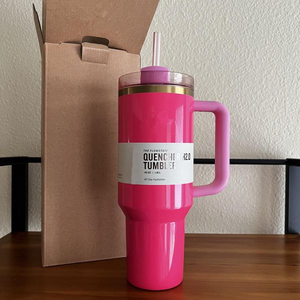 US Stock Pink Parade avec 1: 1 logo H2.0 40oz en acier inoxydable gobelers tasses avec des tasses de voitures de voyage à poignée en silicone et de paille continue de boire des bouteilles d'eau froide 1222